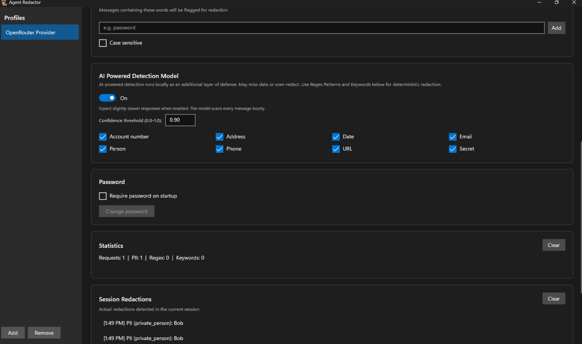 Agent Redactor showing AI Powered Detection Model enabled with PII categories checked, Statistics panel, and Session Redactions showing detected PII