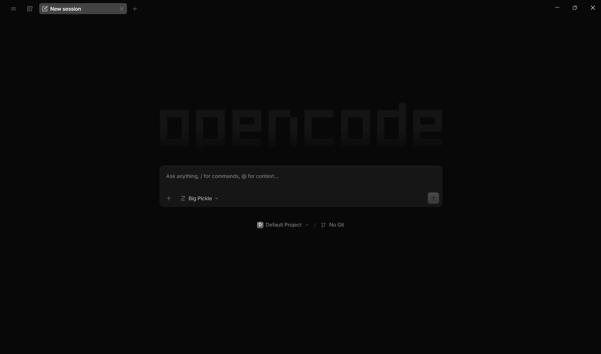 OpenCode main screen showing New session with chat input and model selector showing Big Pickle
