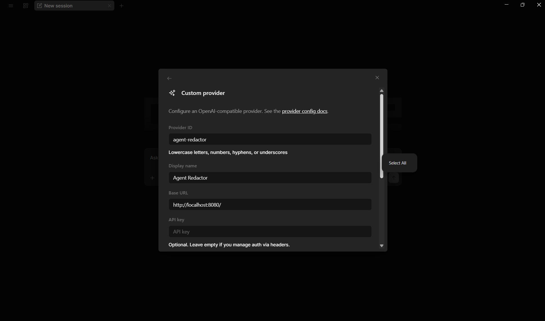 OpenCode custom provider form with Provider ID agent-redactor, Display name Agent Redactor, Base URL http://localhost:8080/